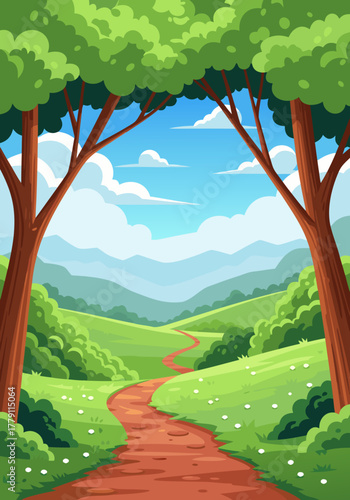 Scenic path winding through a vibrant green valley, surrounded by lush trees, under a bright blue sky