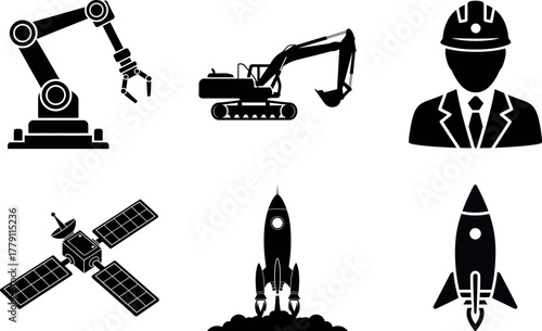 Collection of industrial and space exploration icons featuring robot arm excavator engineer rocket satellite