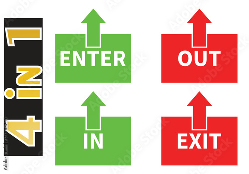 Enter, Exit, In, Out direction signs, navigation system arrow icons, access symbol