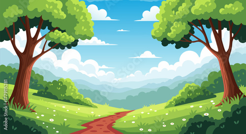 Scenic illustration of a lush meadow, a pathway, and distant hills under a bright sky