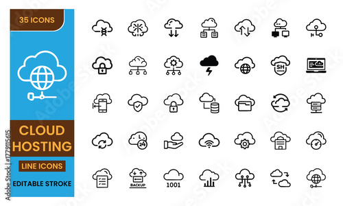 35 Cloud Hosting Line Icon Set