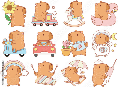 Illustrations of cute capybara character clip art for kids.