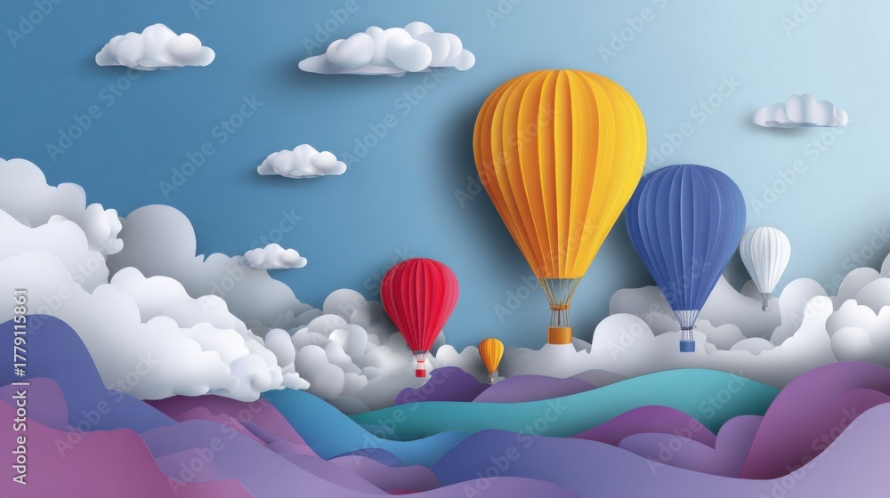 Obraz premium A paper illustration of hot air balloons floating in the sky above the hills. The vibrant colors and layered style create an atmosphere of dreaminess and adventure.