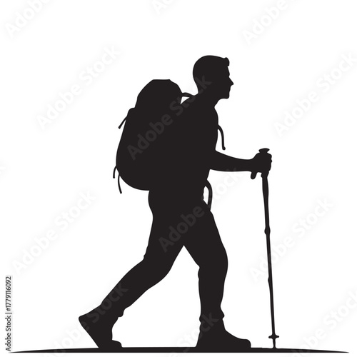 Hiker Silhouette with Backpack and Trekking Pole