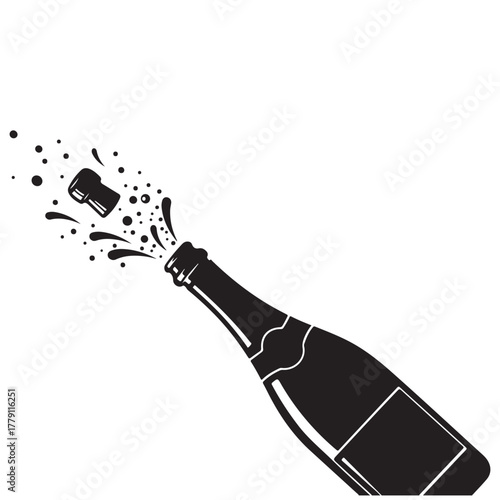 Sparkling Wine Bottle Popping Cork with Spray and Bubbles Silhouette