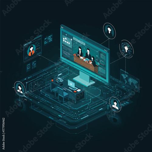 An isometric illustration of a student working on a laptop with online learning interface and connected peers in a digital network environment.
