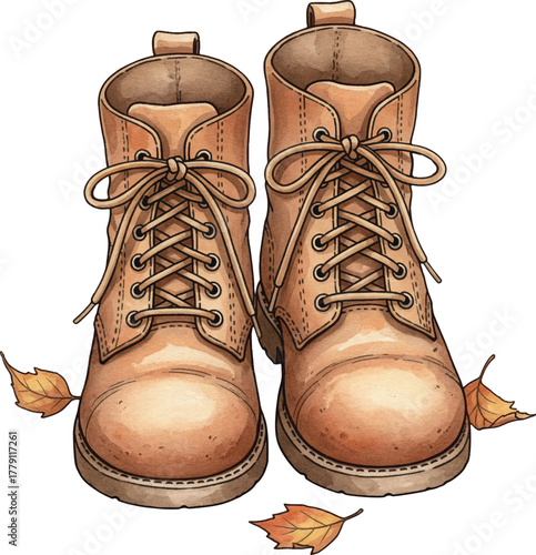 Watercolor Style Detailed Illustration of Pair of Boots with Autumn Leaves
