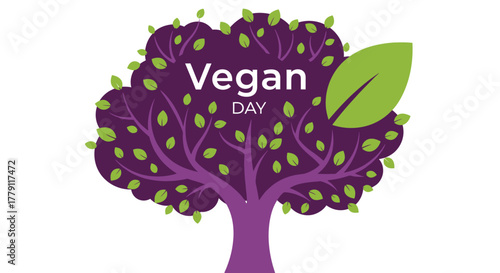 Vegan day tree with purple leaves isolated on white background