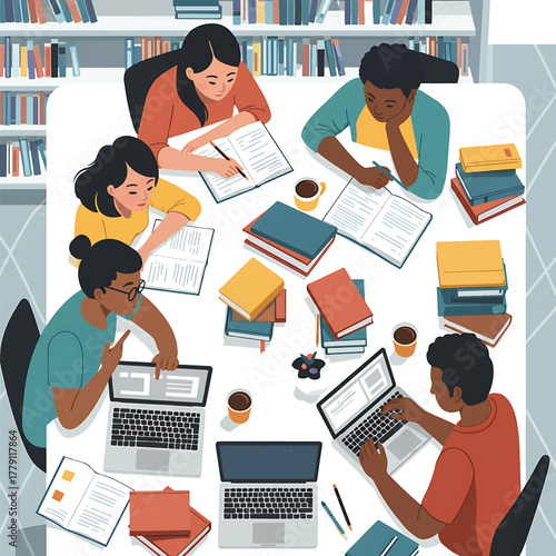 Illustration of diverse students studying together at a table with laptops and books in a library setting with a collaborative and focused mood.