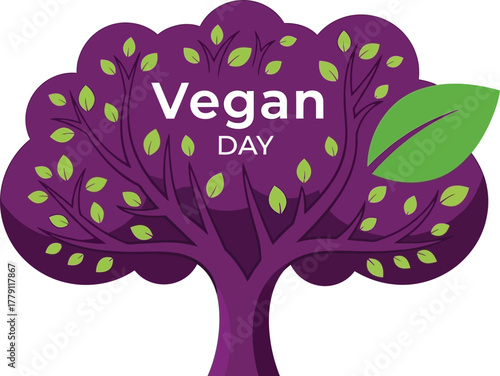 Vegan day tree with purple leaves isolated on white background