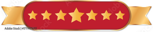 A glossy red and gold ribbon badge featuring five gold stars in the center - five-star rating badge