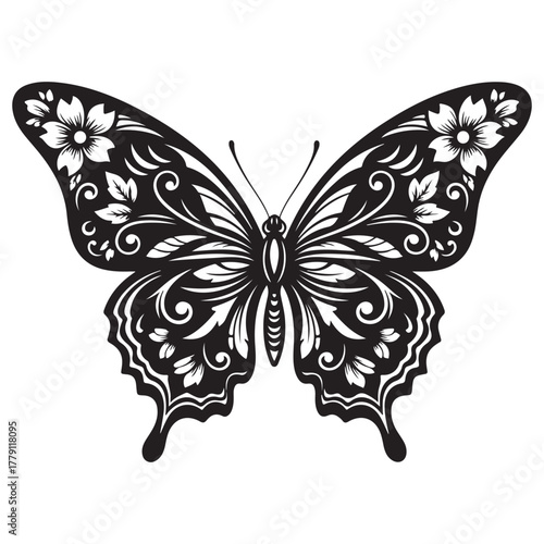 Elegant Black and White Butterfly Illustration with Intricate Floral and Scrollwork Designs