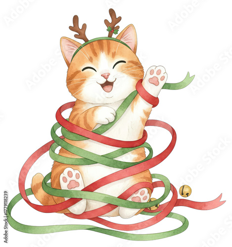 Happy orange cat with antler headband wrapped in red and green ribbon celebrating christmas with joyful expression animal