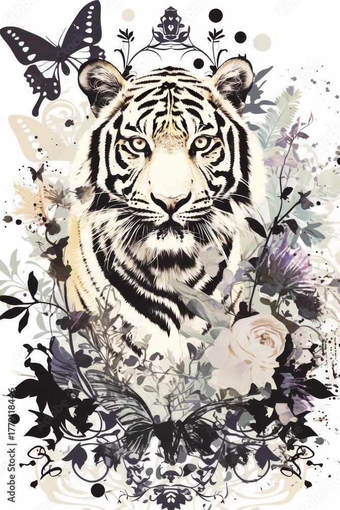 Obraz premium Detailed illustration of animal surrounded by vibrant flowers, showcasing intricate textures and colors, with decorative background, emphasizing nature's beauty and artistic expression.