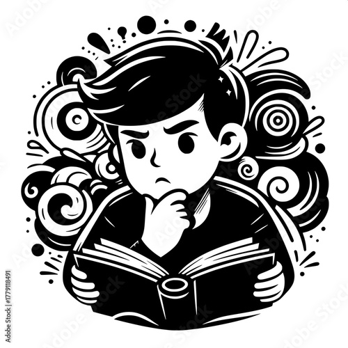 Black and White Vector Silhouette of Boy Carrying Heavy School Bag