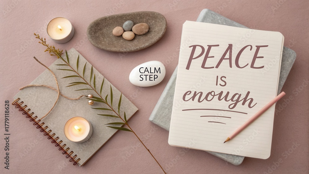 Naklejka premium Peaceful workspace with calming elements, candles, notebook, stones, and inspirational quote on soft pink background for relaxation