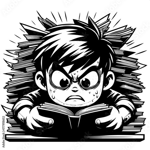 Black and White Vector Silhouette of Boy Holding Pencil and Thinking Hard