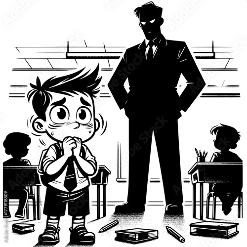 Black and White Vector Silhouette of Boy Rubbing Eyes While Studying