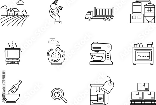 This set of black line art icons showcases various agriculture and food production processes, from farming to shipping, ideal for demonstrating food production and agricultural concepts.