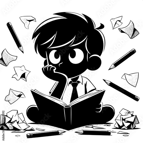 Black and White Vector Silhouette of Boy Trying to Memorize Notes