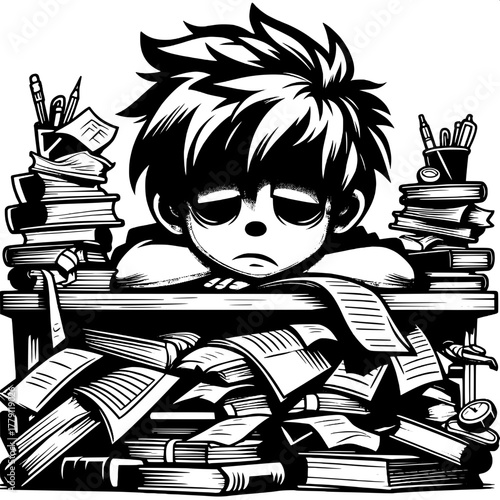 Black and White Vector Silhouette of Boy Throwing Books in Frustration