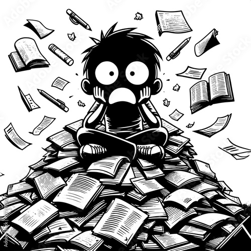 Black and White Vector Silhouette of Boy Studying with Clock Behind