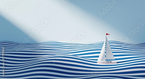 Minimal white sailboat with red flag on blue and white striped waves, studio concept with hard shadows and copy space