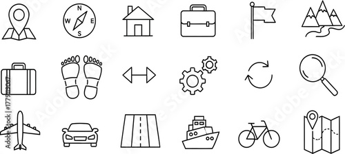 Monochrome outlined travel icons featuring transportation, navigation, and destination symbols create a minimalist vector set great for illustrating travel plans, logistics, and mapping concepts.