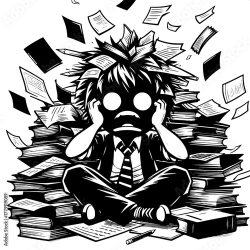 Black and White Vector Silhouette of Boy Studying with Clock Behind