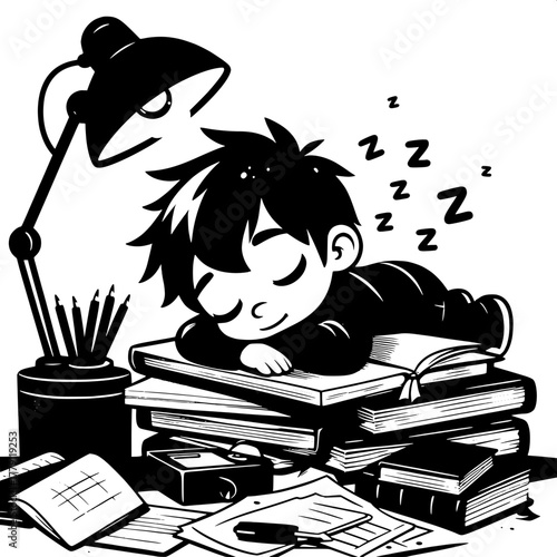 Black and White Vector Silhouette of Boy Facing Blackboard Covered with Equations