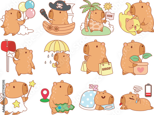 Illustrations of cute capybara character clip art for kids.