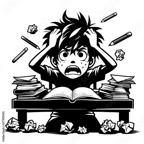 Black and White Vector Silhouette of Boy Practicing with Open Laptop