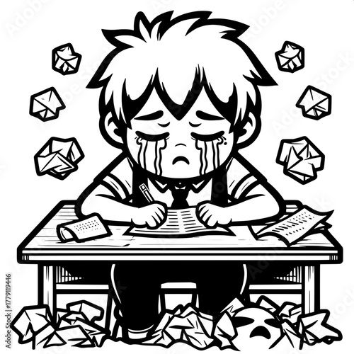 Black and White Vector Silhouette of Boy Sitting in Dark Corner with Books