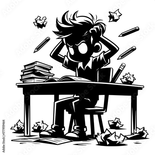 Black and White Vector Silhouette of Boy Practicing with Open Laptop