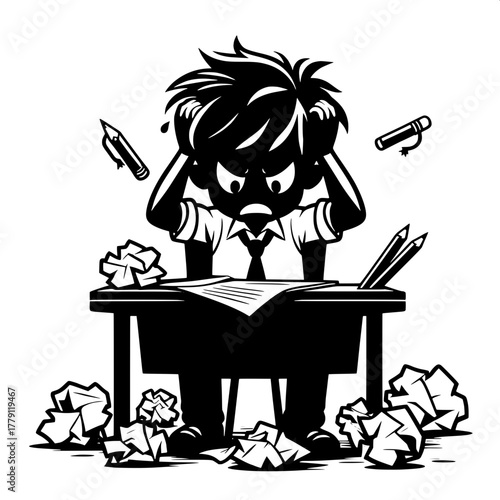 Black and White Vector Silhouette of Boy Practicing with Open Laptop