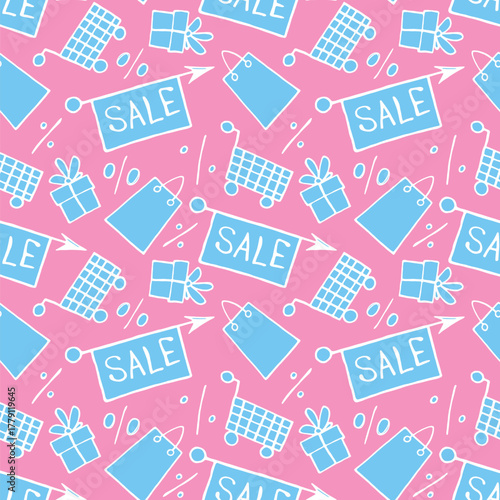 Vector seamless pattern with inscriptions and symbols Sale. Hand drawn background and texture on theme of Black Friday, discounts, shopping and special offers