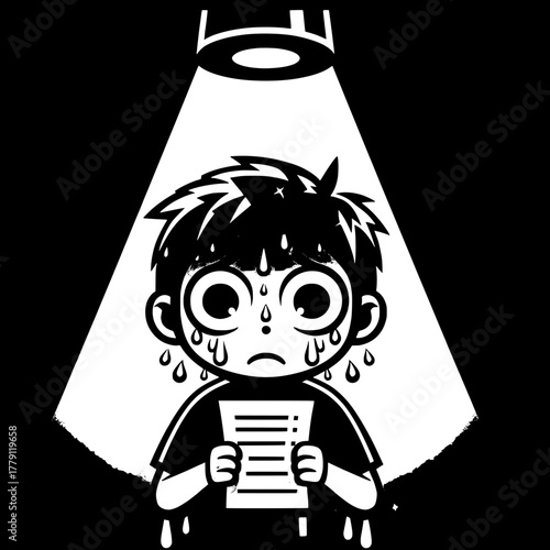 Black and White Vector Silhouette of Boy Sitting Overloaded with Books