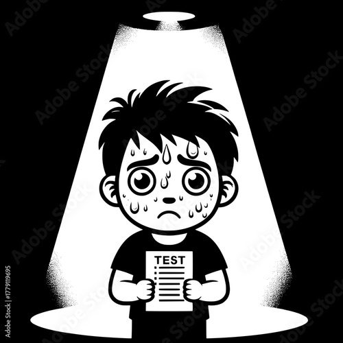 Black and White Vector Silhouette of Boy Sitting Overloaded with Books