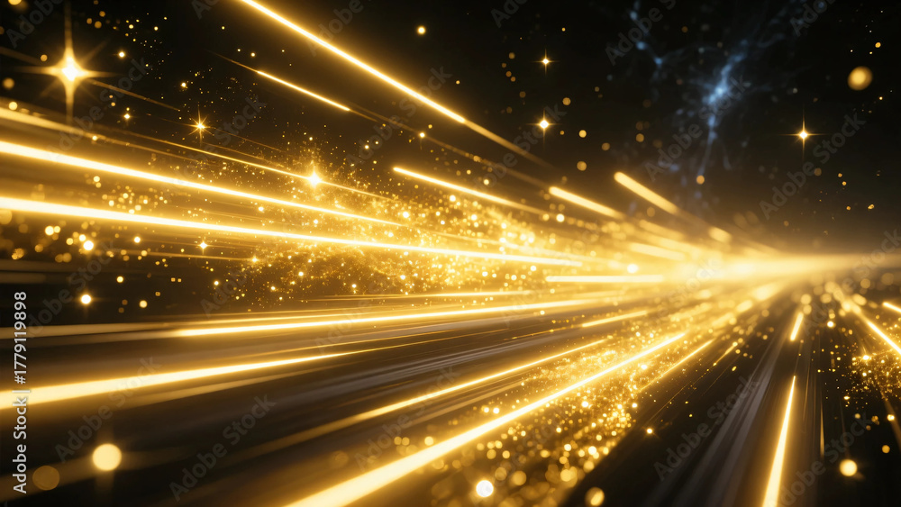 Fototapeta premium Shimmering golden light. Rays. Beams. Black background. Glitter. 