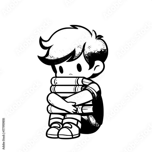 Black and White Vector Silhouette of Boy Crying Over Exam Paper