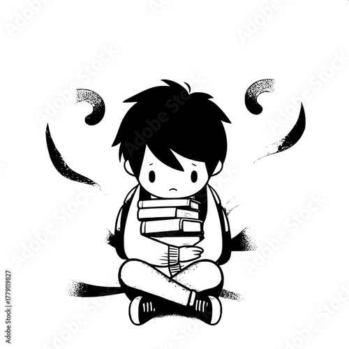 Black and White Vector Silhouette of Boy Crying Over Exam Paper