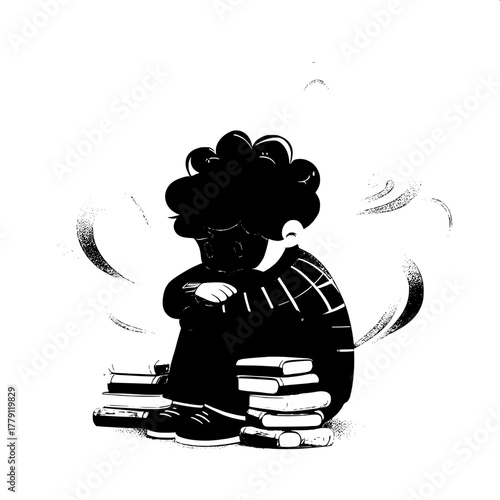 Black and White Vector Silhouette of Boy Crying Over Exam Paper
