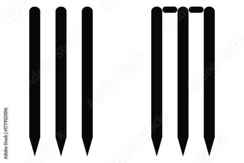 Cricket Stumps, Dynamic Player Silhouettes, and Firewood with Axe Icons – Vector Illustration Set