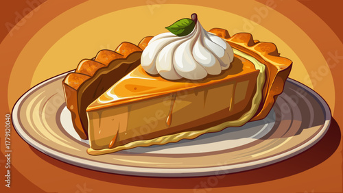 Very beautiful close-up of pumpkin pie slice on white plate, whipped cream on top, realistic texture and warm light.