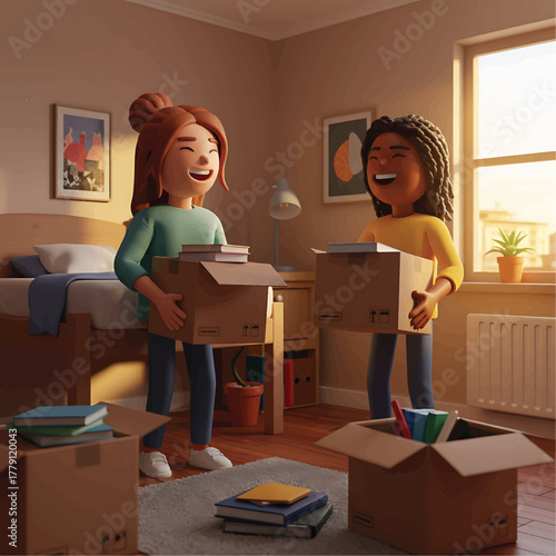 Two diverse female students unpacking boxes and books in a cozy bedroom with warm lighting.