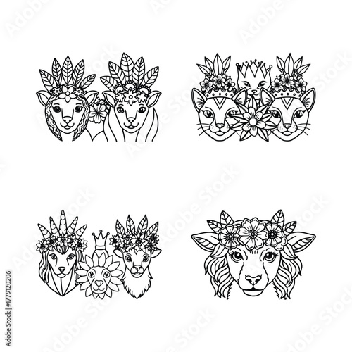 A set of animals wearing crowns made of flowers silhouette vector isolated on white background