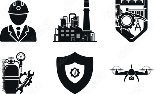 Set of silhouette engineering set.Containing , engineer,industrial,safety technology and manufacturing.Editable silhouette style on transparent Background.