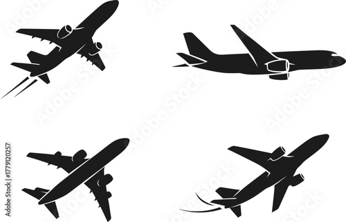 Four black airplane silhouettes are seen taking off against a clean white background, conveying a sense of travel and flight, suitable for travel-related marketing or transportation graphics.