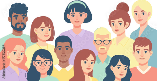 A group of diverse people is smiling and standing together in a colorful flat illustration style creating a sense of community and unity, ideal for social or corporate use.