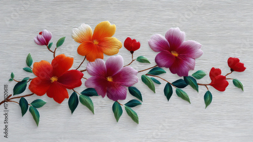Colorful flower branch with red, orange, and purple petals and green leaves on textured white background, bright and vibrant floral design